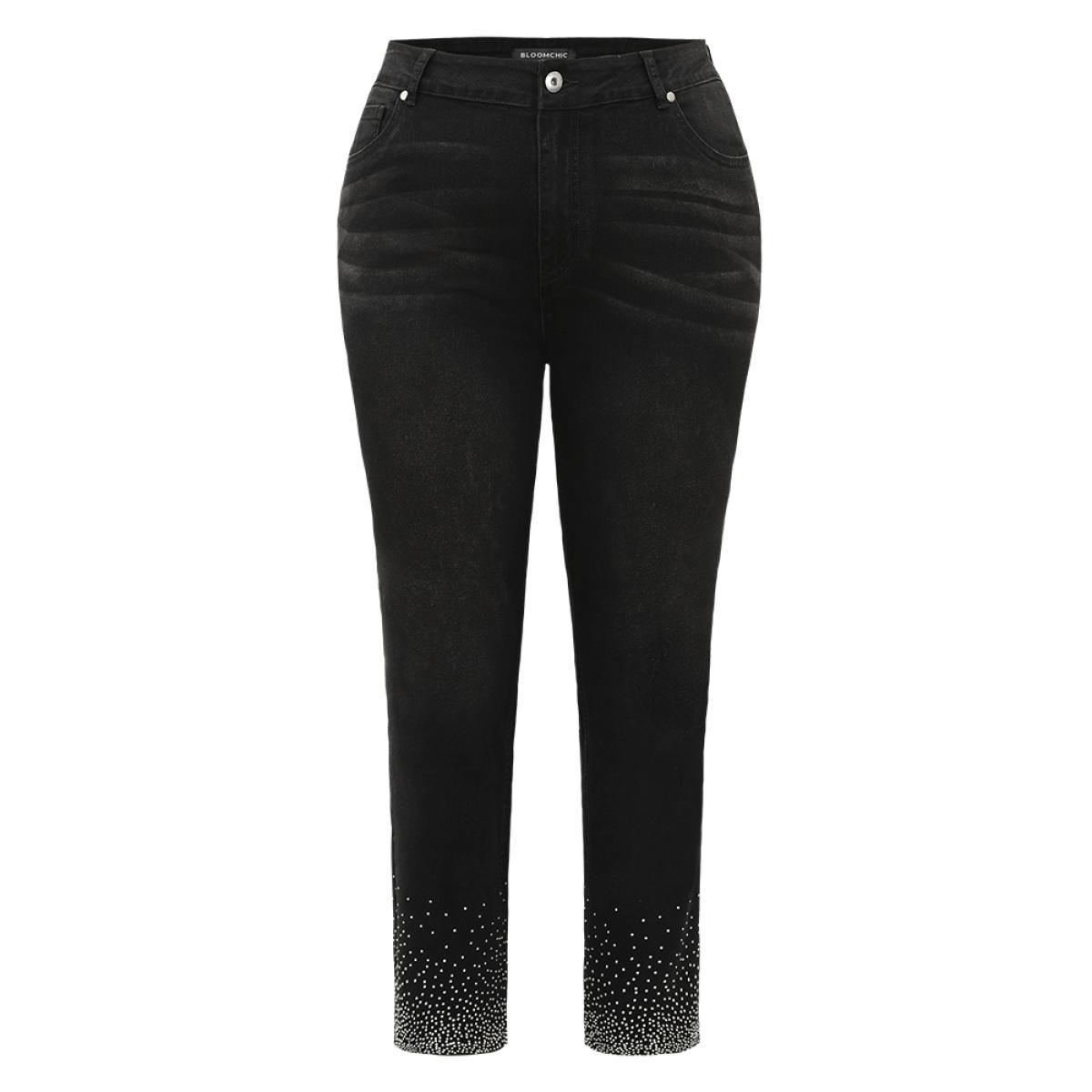Plus Size Rhinestone Detail Black Wash Jeans Women DimGray Casual Plain Rhinestone detailing High stretch Pocket Jeans BloomChic 14/1X Product Image