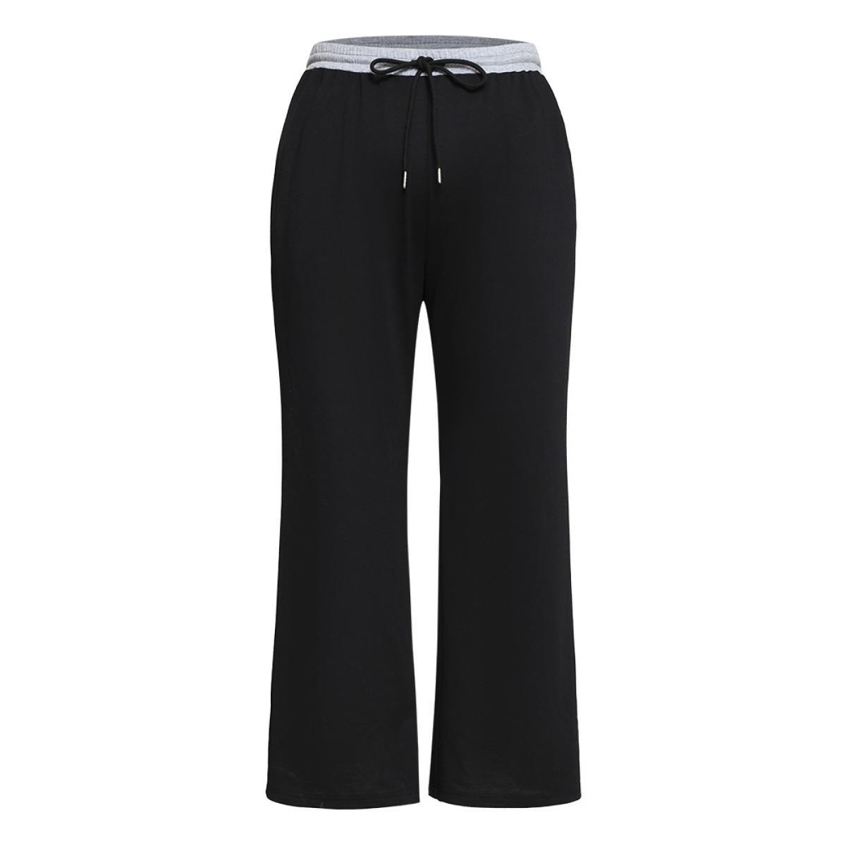 Plus Size Contrast Patchwork Drawstring Straight Leg Pants Women Black Casual High Rise Dailywear Pants BloomChic 30/6X Product Image