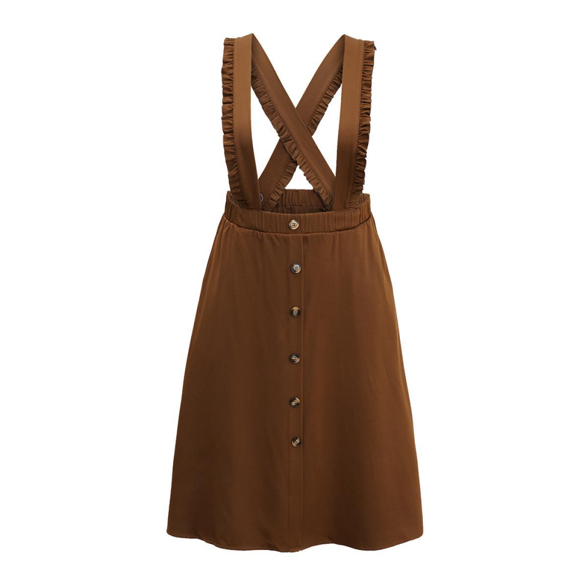 Plus Size Elastic Waist Button Detail Frill Trim Overall Skirt Women Rust At the Office Plain No stretch Pocket Work Skirts BloomChic 10/M Product Image
