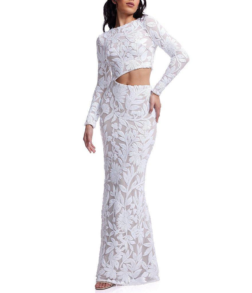 Dress the Population Candace Floral Sequin Mesh Round Neck Long Sleeve Cutout Gown Product Image