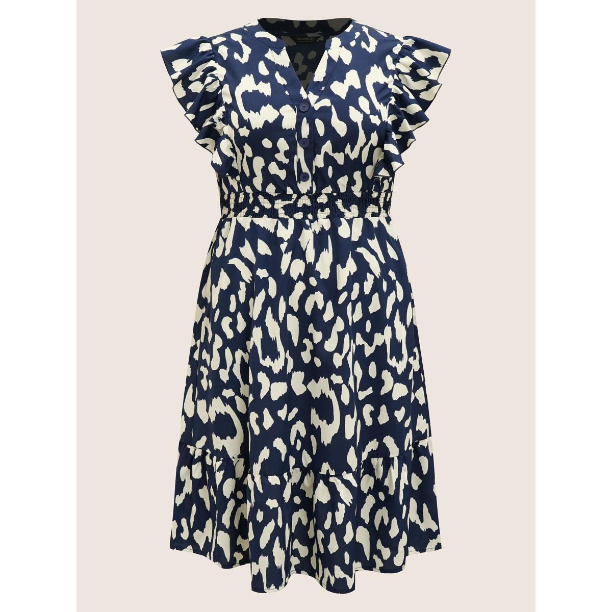 Plus Size Notched Leopard Print Cap Sleeve Ruffles Dress Navy Women At the Office Notched collar Cap Sleeve Curvy BloomChic 10/M Product Image