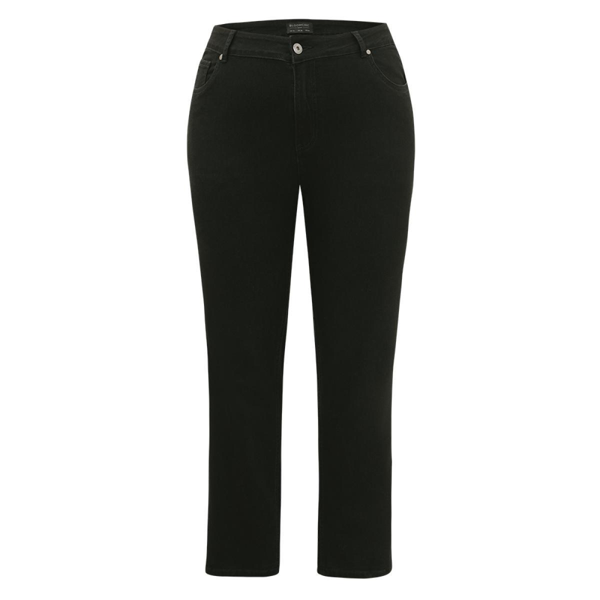 Plus Size Solid High Rise Black Wash Jeans Women Black Casual Plain Plain High stretch Pocket Jeans BloomChic 10/M Product Image