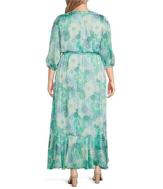 Moda Tara Plus Size 3/4 Sleeve Faux Wrap Shadow Stripe Chiffon Floral Dress Product Image