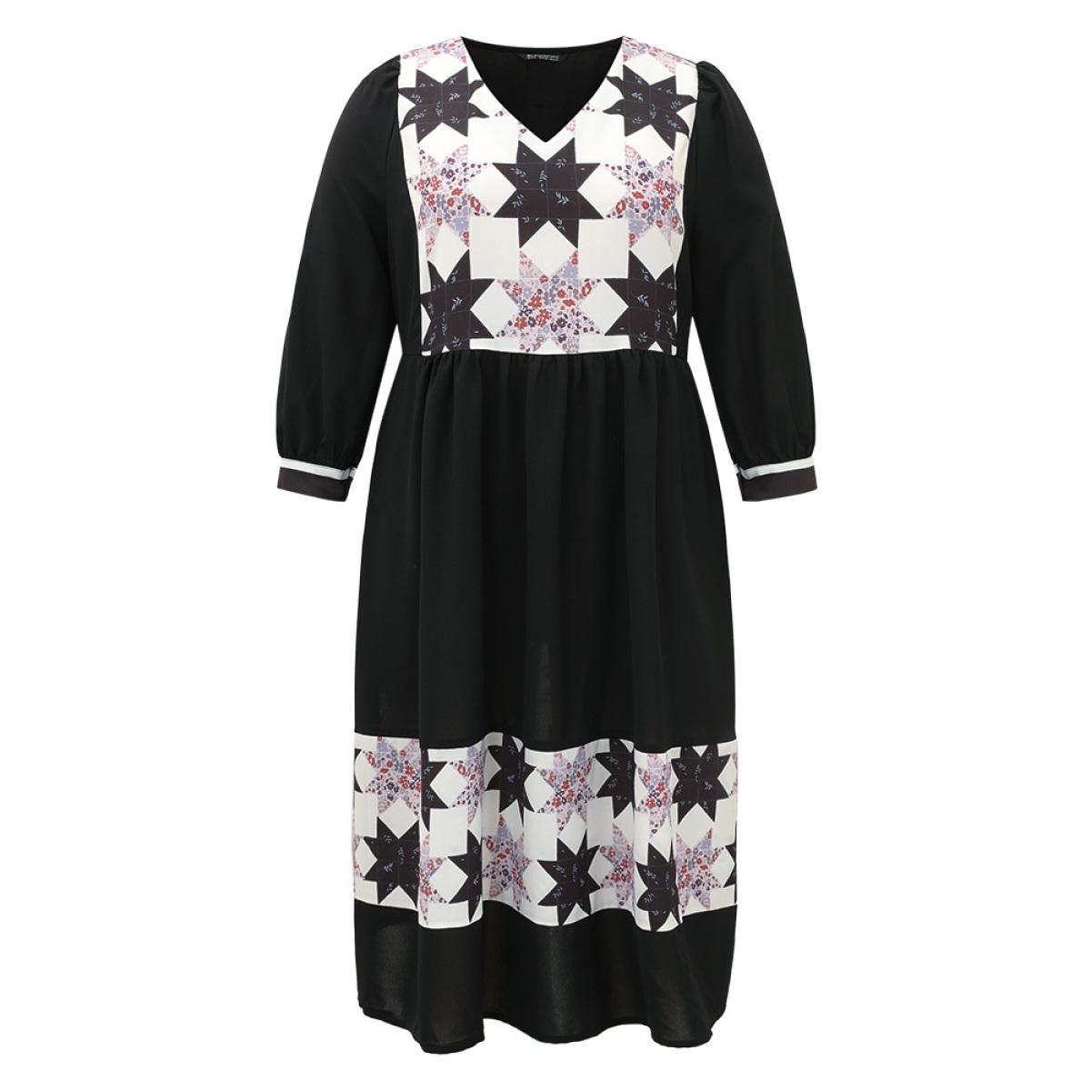 Plus Size Geometric Colorblock Pocket Gathered Dress Black Women Vacation Printed V-neck Elbow-length sleeve Curvy Midi Dress BloomChic 18-20/2X Product Image
