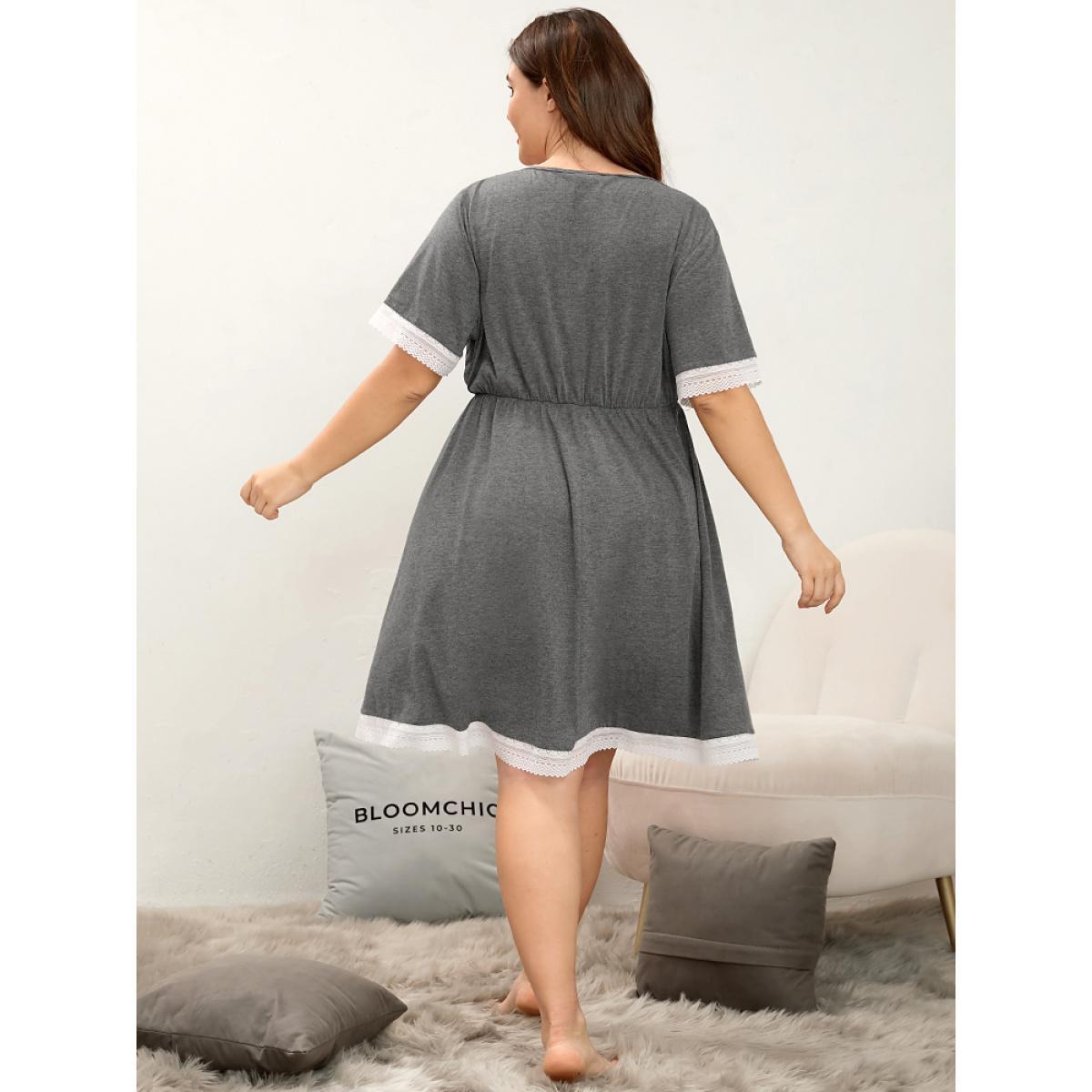 Plus Size Contrast Trim Lace Pocket Surplice Neck Night Dress Women Gray Elegant Plain Lace V-neck Pocket Loungewear BloomChic 14-16/1X Product Image