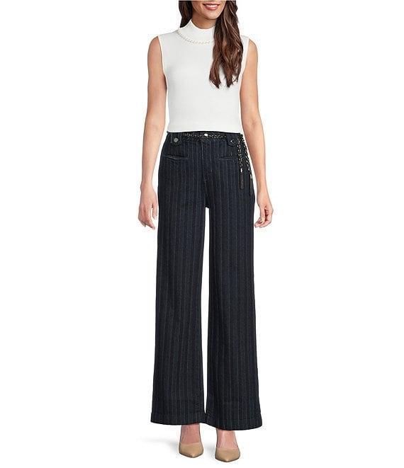 KARL LAGERFELD PARIS Striped Denim Chain Belt Wide-Leg Jeans Product Image