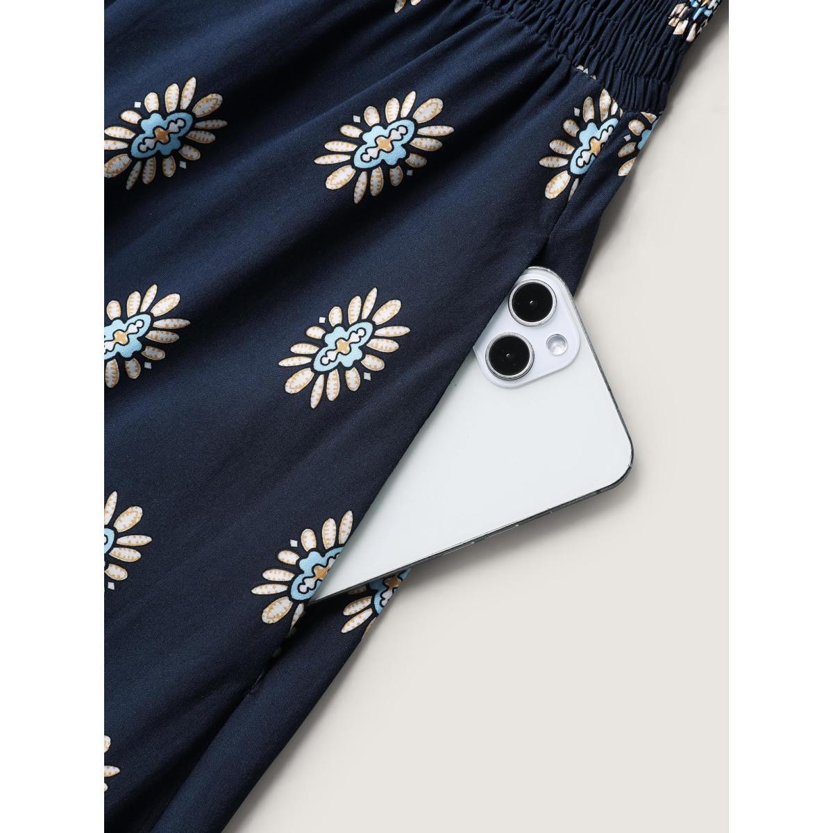 Plus Size Rayon Geometric Floral Print Shirred Midi Dress DarkBlue Women Notched collar Short sleeve Curvy BloomChic 10/M Product Image