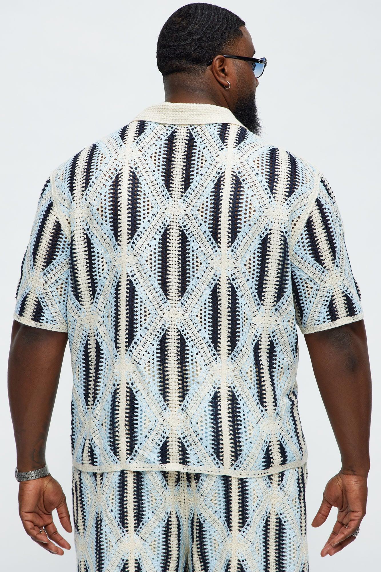Cropped Relaxed Triangles Knit Closed Collar Shirt - Blue/combo Product Image