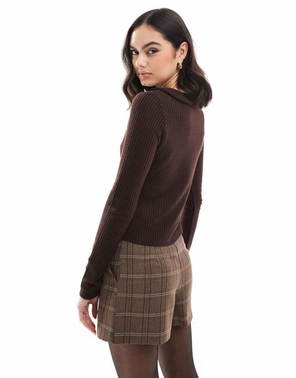 Miss Selfridge peter pan collar waffle long sleeve top in ginger Product Image