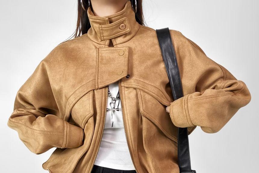 Collared Plain Panel Faux Suede Zip Jacket Product Image