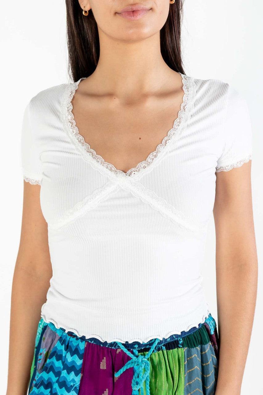White Lace Trim Tee Product Image