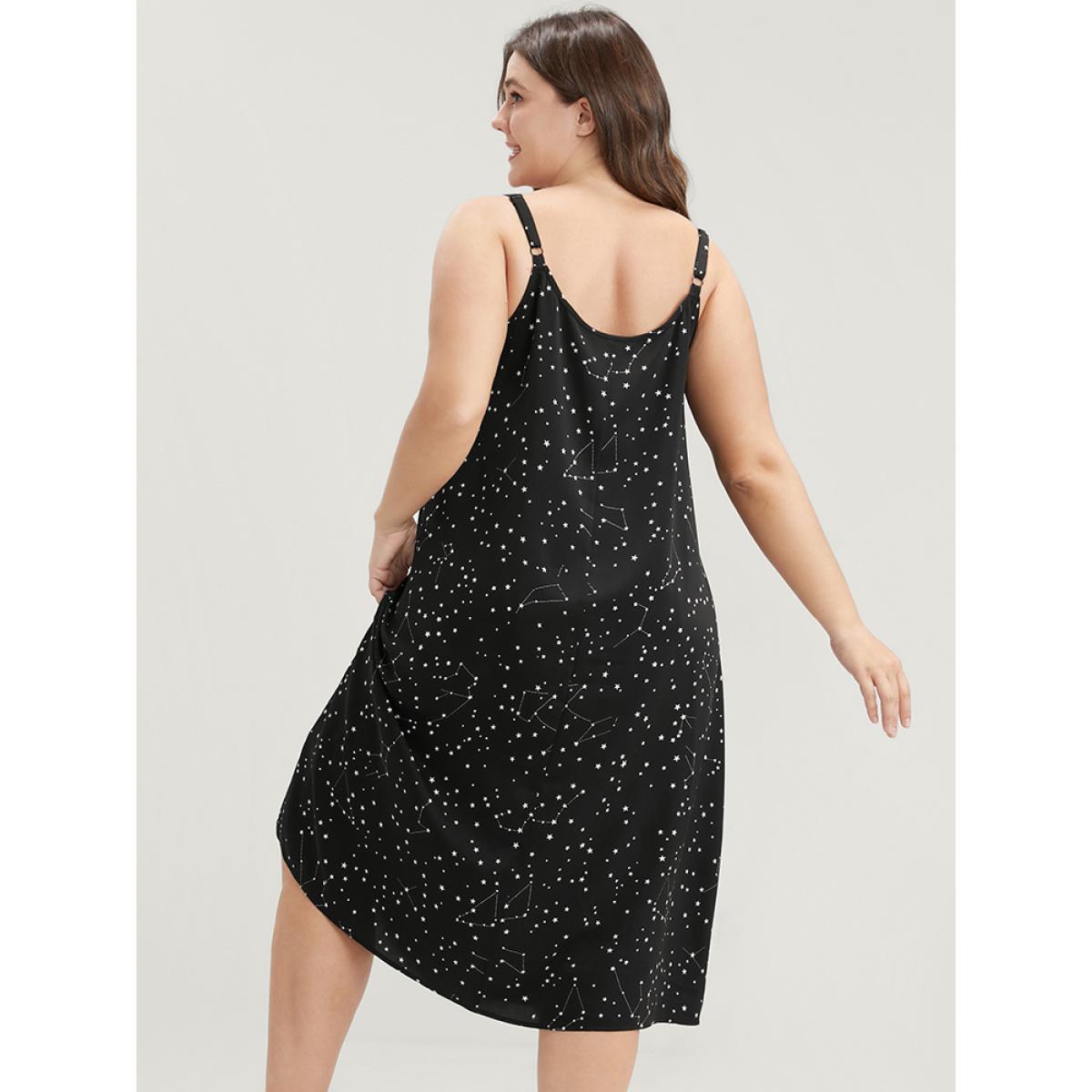 Plus Size Star Print Sleeveless Cami Night Dress Women Black Elegant Moon and Star Printed Spaghetti Strap Loungewear BloomChic 12/L Product Image