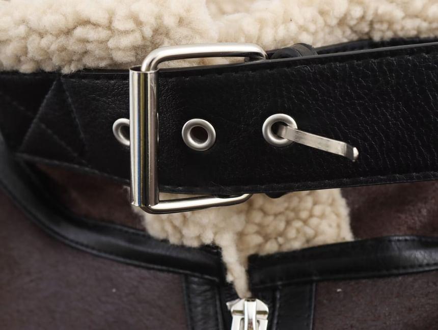 Collared Faux Shearling Zip Belted Jacket Product Image
