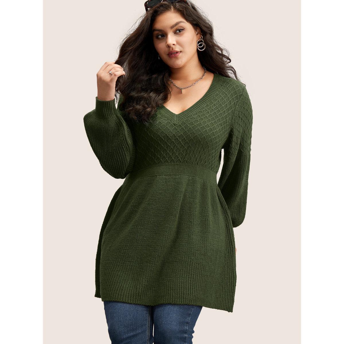 Plus Size Plain Plisse Lantern Sleeve A Line Pullover Moss Women Elegant Long Sleeve V-neck Everyday Pullovers BloomChic 18-20/2X Product Image