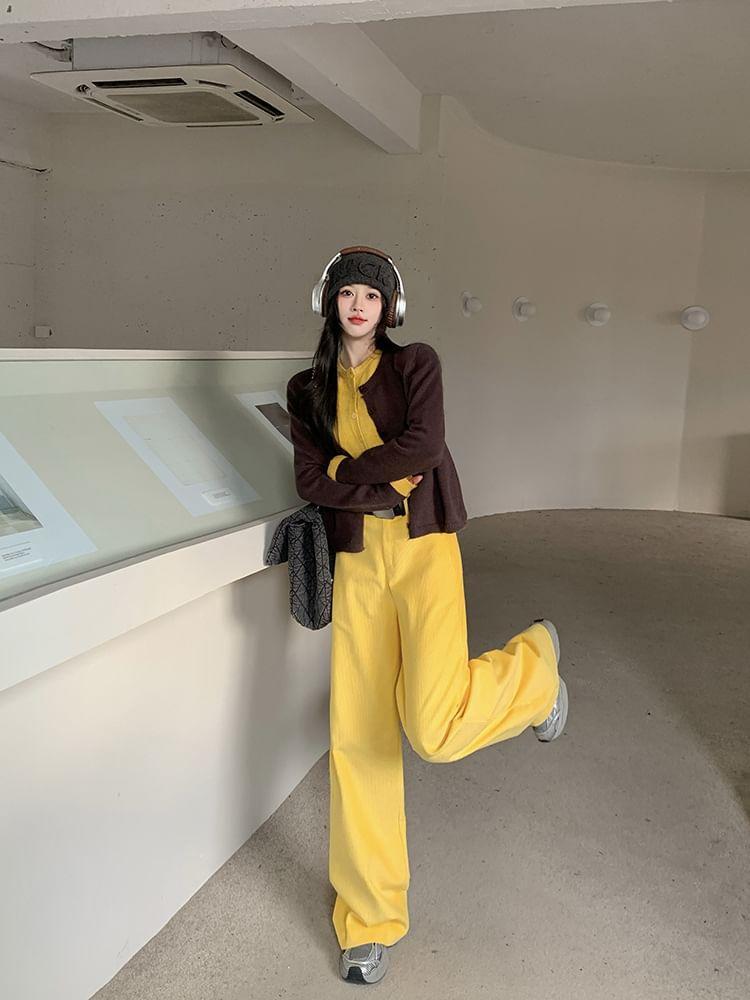 Round Neck Mock Two Piece Cardigan / High Waist Plain Corduroy Wide Leg Pants / Belt / Set Product Image