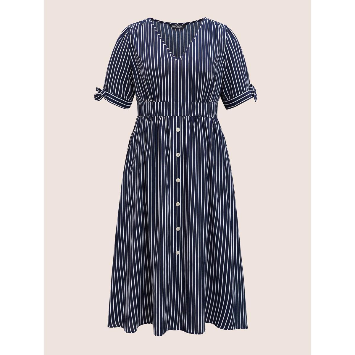 Plus Size Striped Knot Sleeve Button Detail Dress Midnight Women At the Office Tie knot V-neck Short sleeve Curvy BloomChic 10/M Product Image