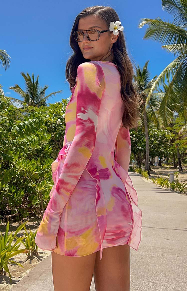 Surround Sound Pink Floral Mesh Long Sleeve Mini Dress Product Image