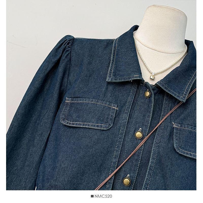 Puff-Sleeve Mock Two-Piece Denim Midi Shirtdress With Belt Product Image