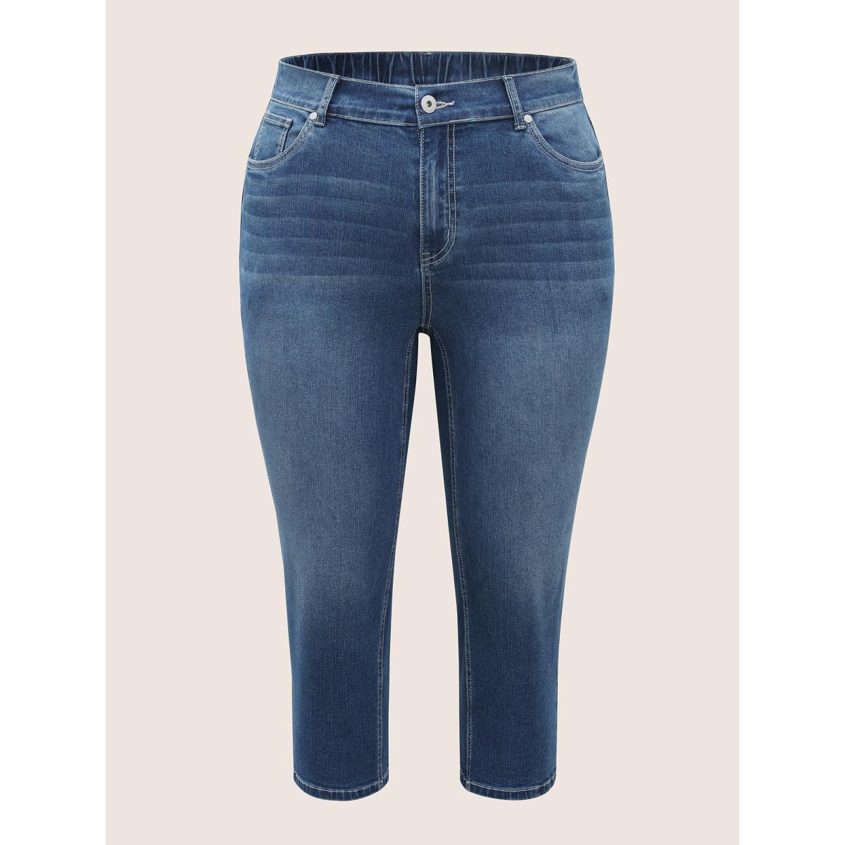 Plus Size High Stretch Slanted Pocket Slim Cropped Jeans Women Denimblue Casual Button High stretch Slanted pocket Jeans BloomChic 12/L Product Image