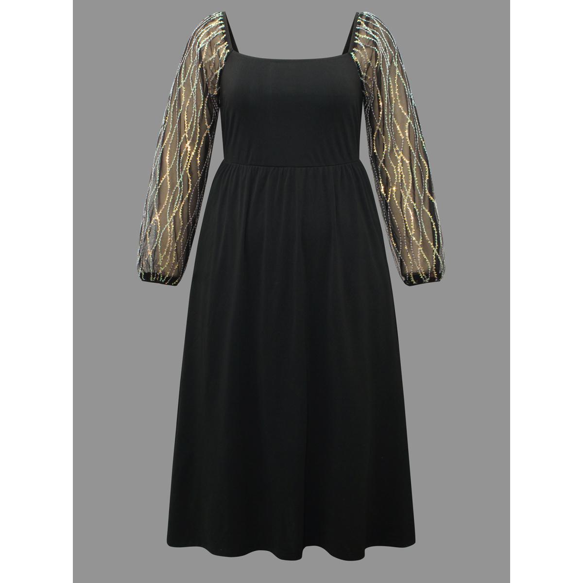 Plus Size Square Neck Patchwork Sequin Mesh Dress Black Women Cocktail Texture Party Curvy Bloomchic 22-24/3X Product Image