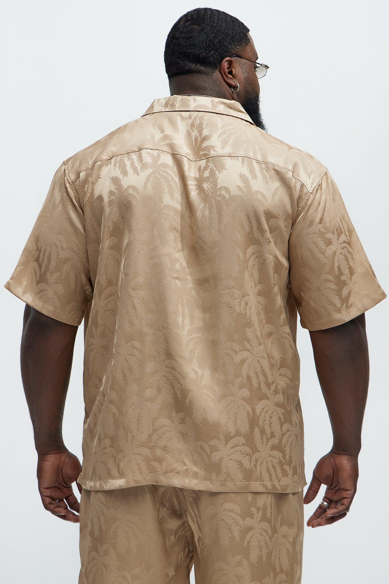 Palm Trees Jacquard Short Sleeve Button Up Shirt - Brown Product Image