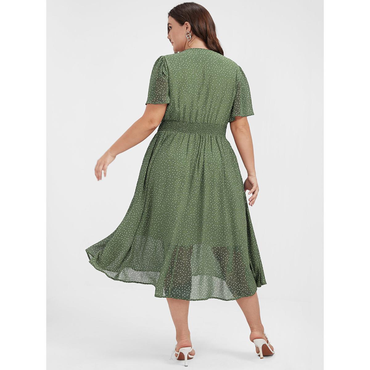 Polka Dot Printed Plus Size Women Midi Dress Dailywear Ruffle Sleeve Short Sleeve V Neck Pocket Elegance Dresses BloomChic Product Image