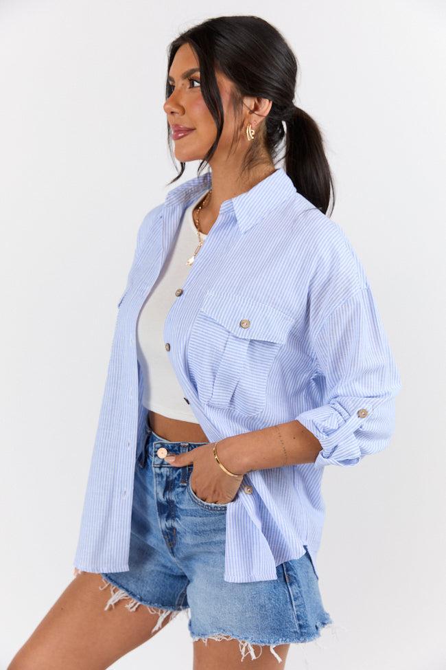 Coastline Walk Blue Striped Linen Blend Button Down Top FINAL SALE Product Image