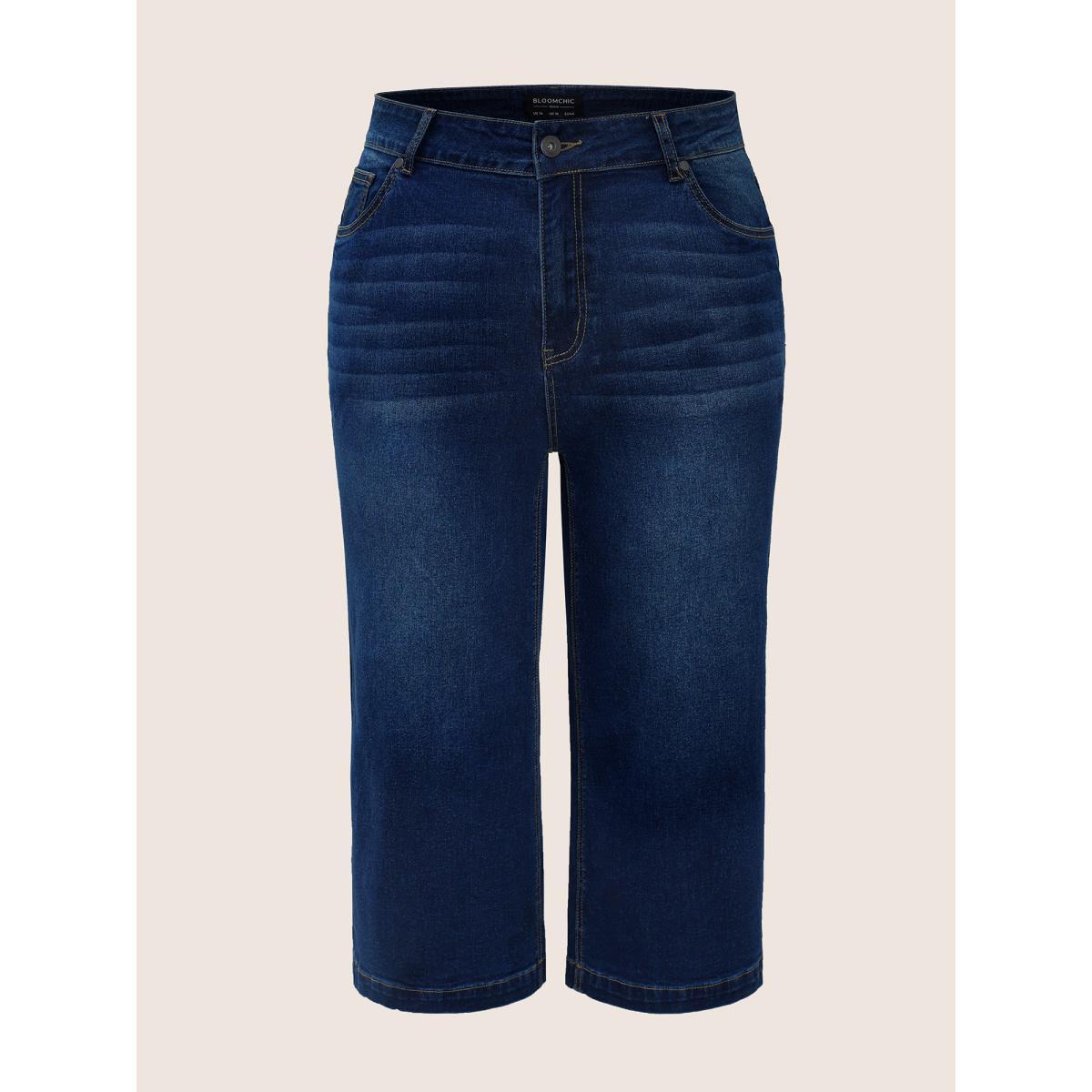Plus Size Medium Wash Wide Leg High Stretch Jeans Women Blue Casual Plain Button High stretch Slanted pocket Jeans BloomChic 18/2X Product Image