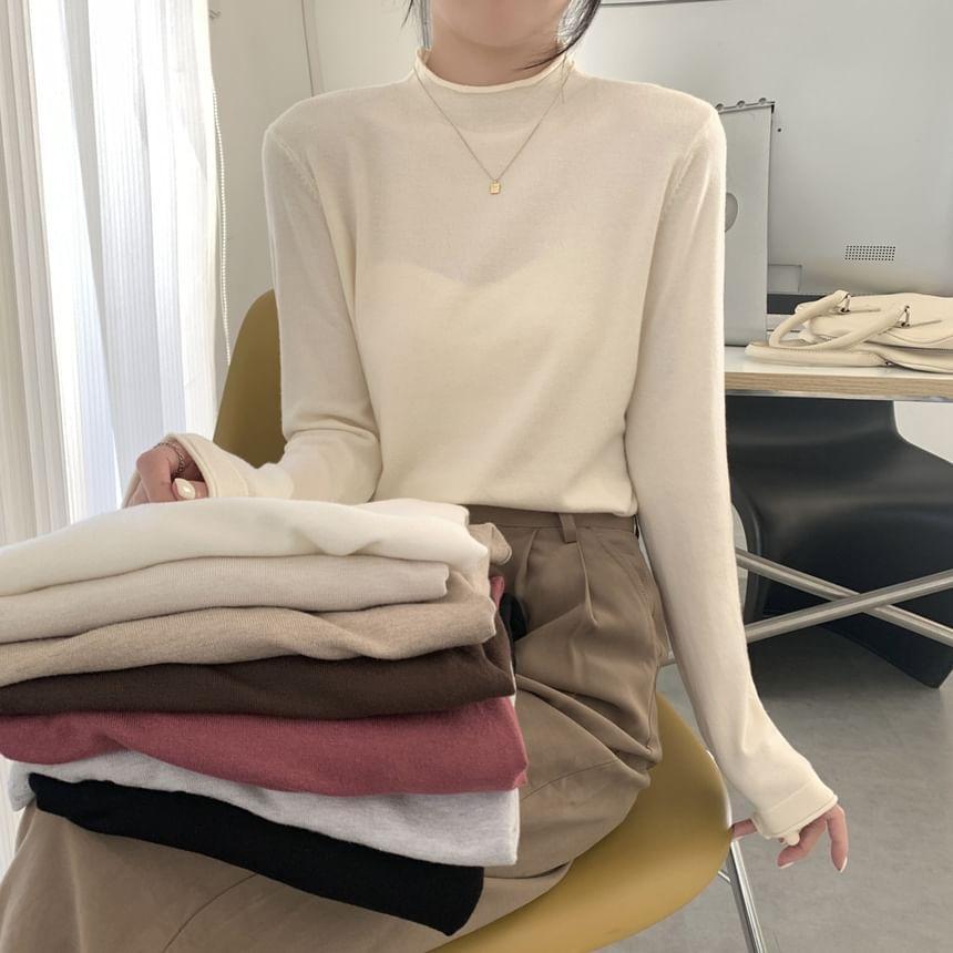 Long-Sleeve Mock Neck Plain Knit Top Product Image