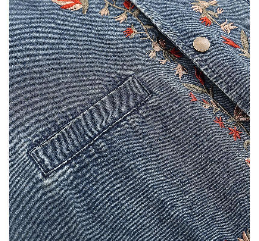 V-Neck Floral Embroidered Button Denim Vest Product Image