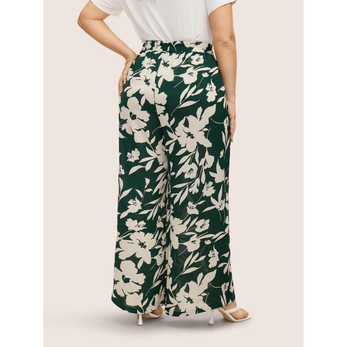 Plus Size Silhouette Floral Print Ties Side Seam Pocket Pants Women Cyan Elegant Wide Leg High Rise Everyday Pants BloomChic 26/4X Product Image