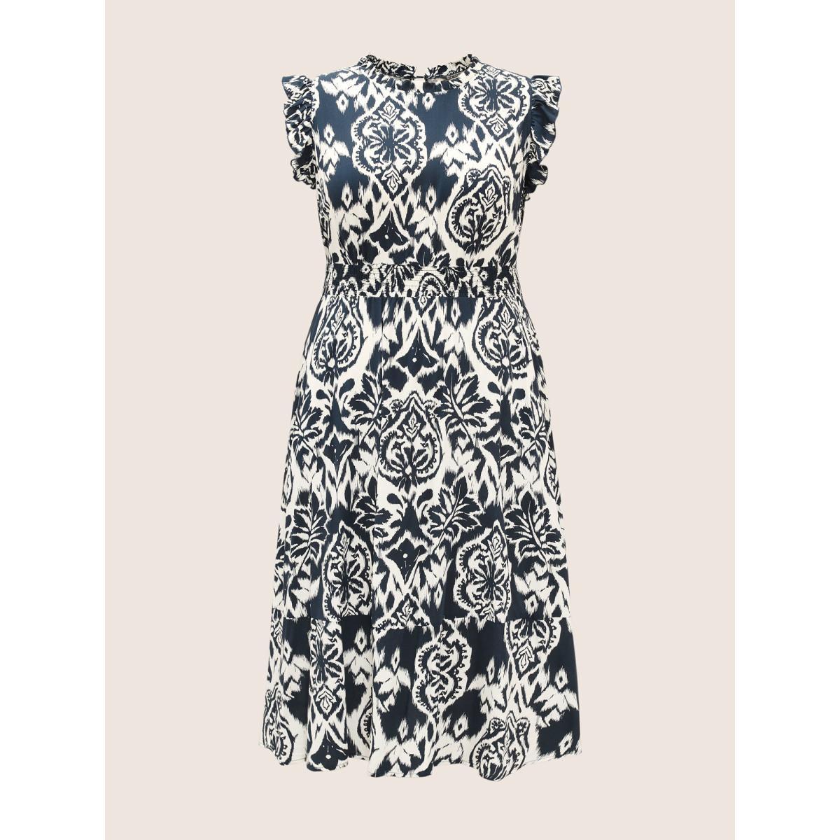 Plus Size Boho Print Mock Neck Shirred Ruffle Cap Sleeve Dress Navy Women Resort Shirred Mock Neck Cap Sleeve Curvy Midi Dress BloomChic 14-16/1X Product Image