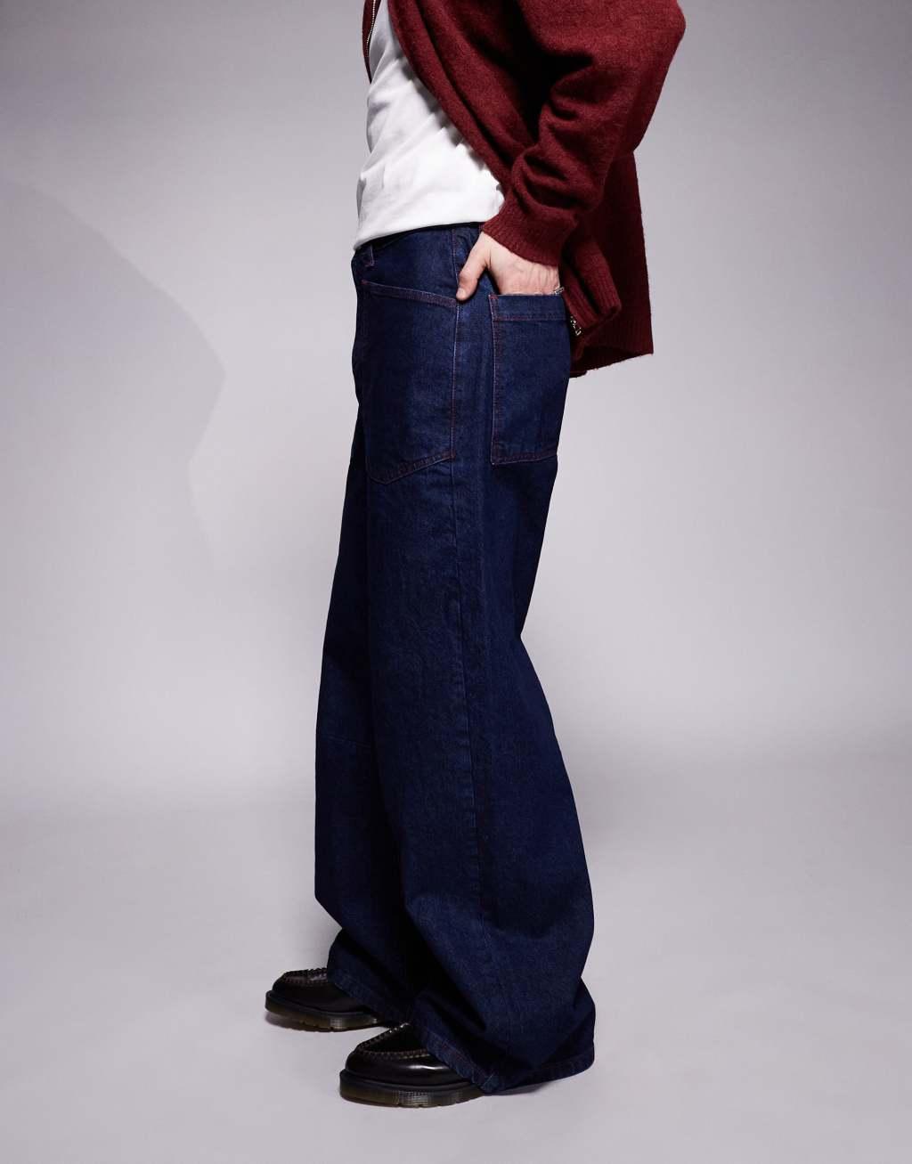 ASOS DESIGN super baggy jeans in dark wash blue with red contrast stitch Product Image