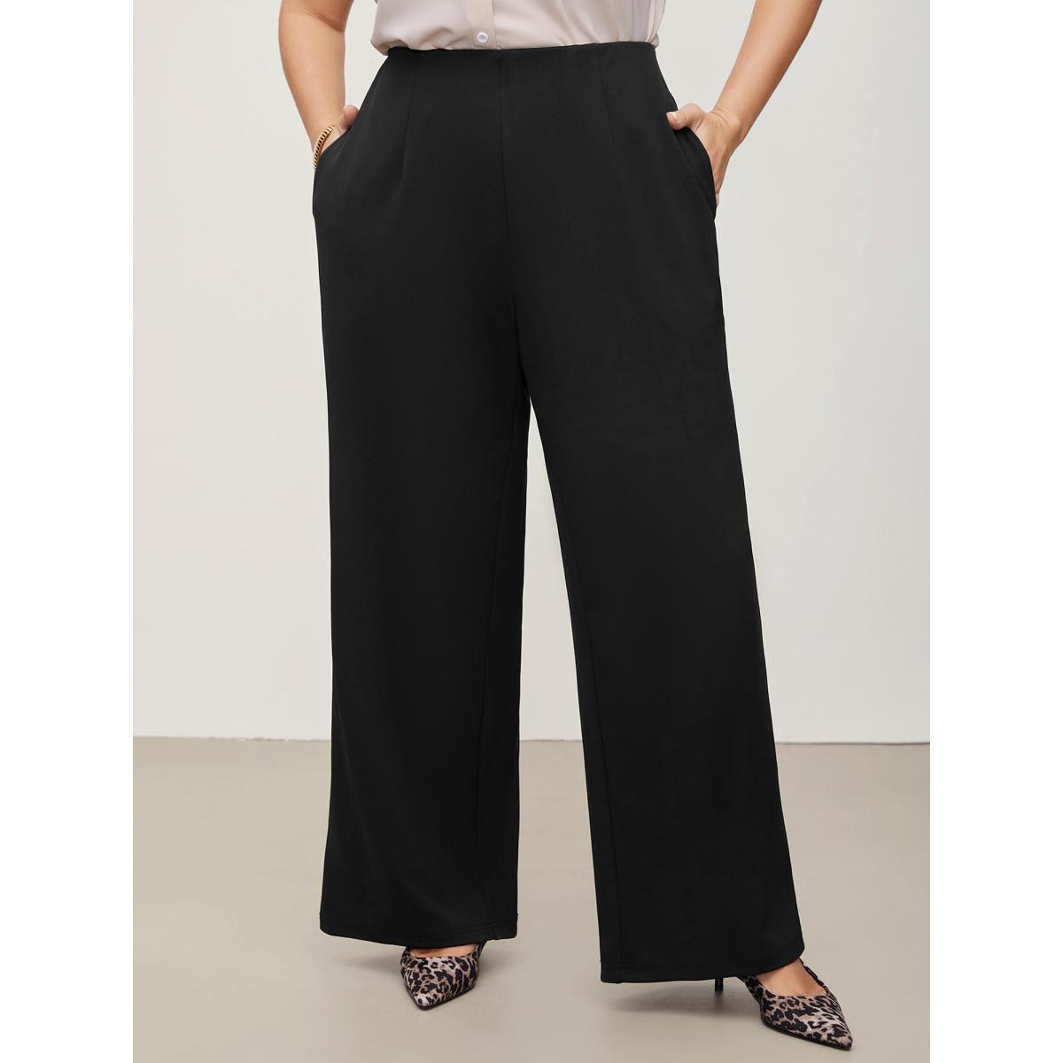 Plus Size Solid Elastic Waist Pleated Wide Leg Pants Women Black At the Office Wide Leg Mid Rise Work Pants BloomChic 10/M Product Image