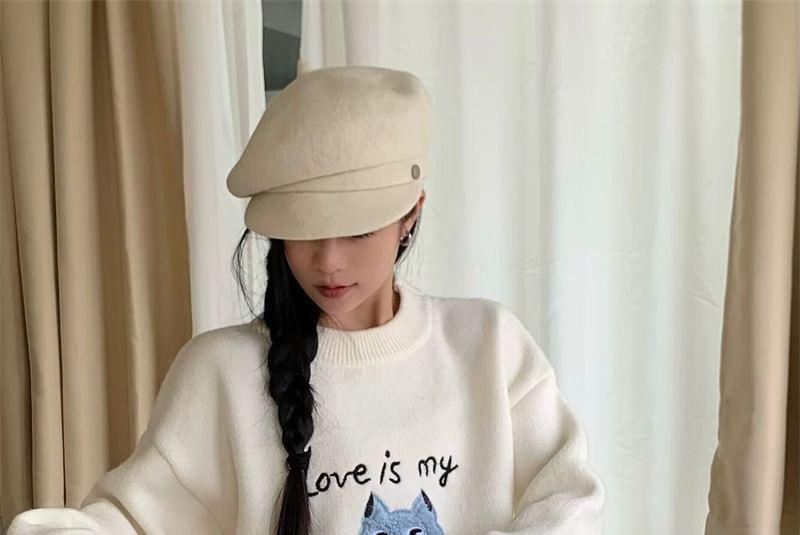 Crew Neck Cat Embroidered Top Product Image