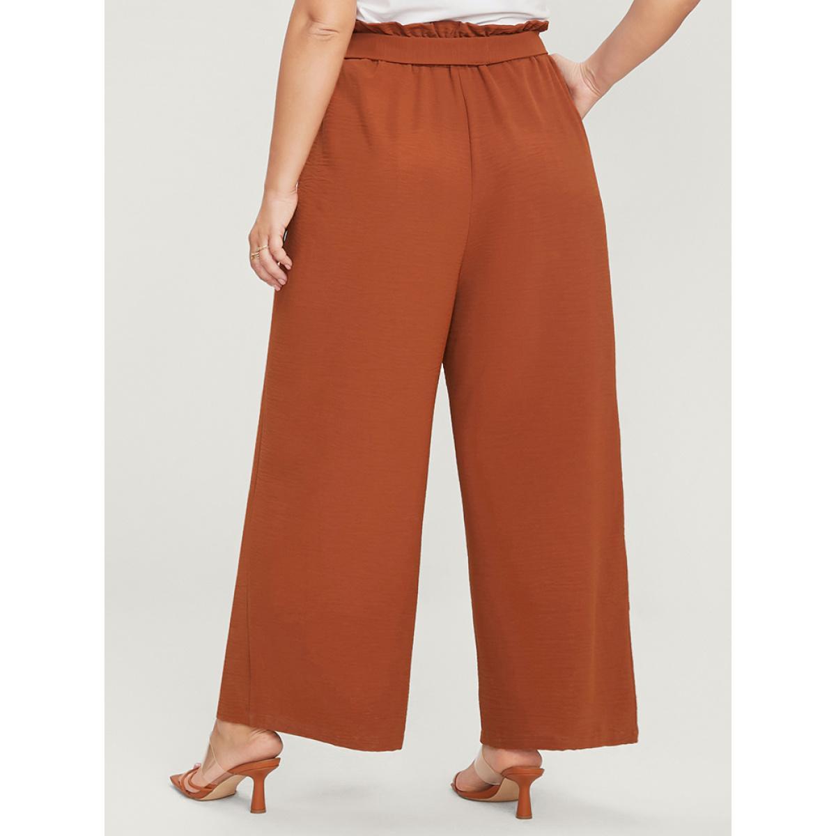 Plus Size Plain Paperbag Waist Wide Leg Belted Pocket Pants Women Rust Casual Mid Rise Dailywear Pants BloomChic 28/5X Product Image