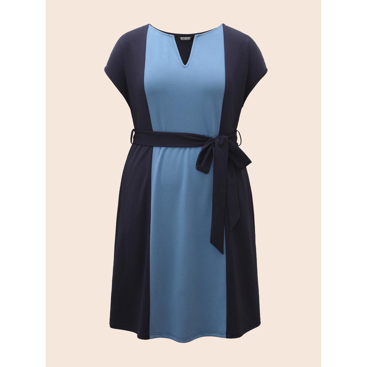 Plus Size Notched Contrast Patchwork Belted Dress Indigo Women At the Office Belted Flat collar with V-notch Cap Sleeve Curvy BloomChic 12/L Product Image