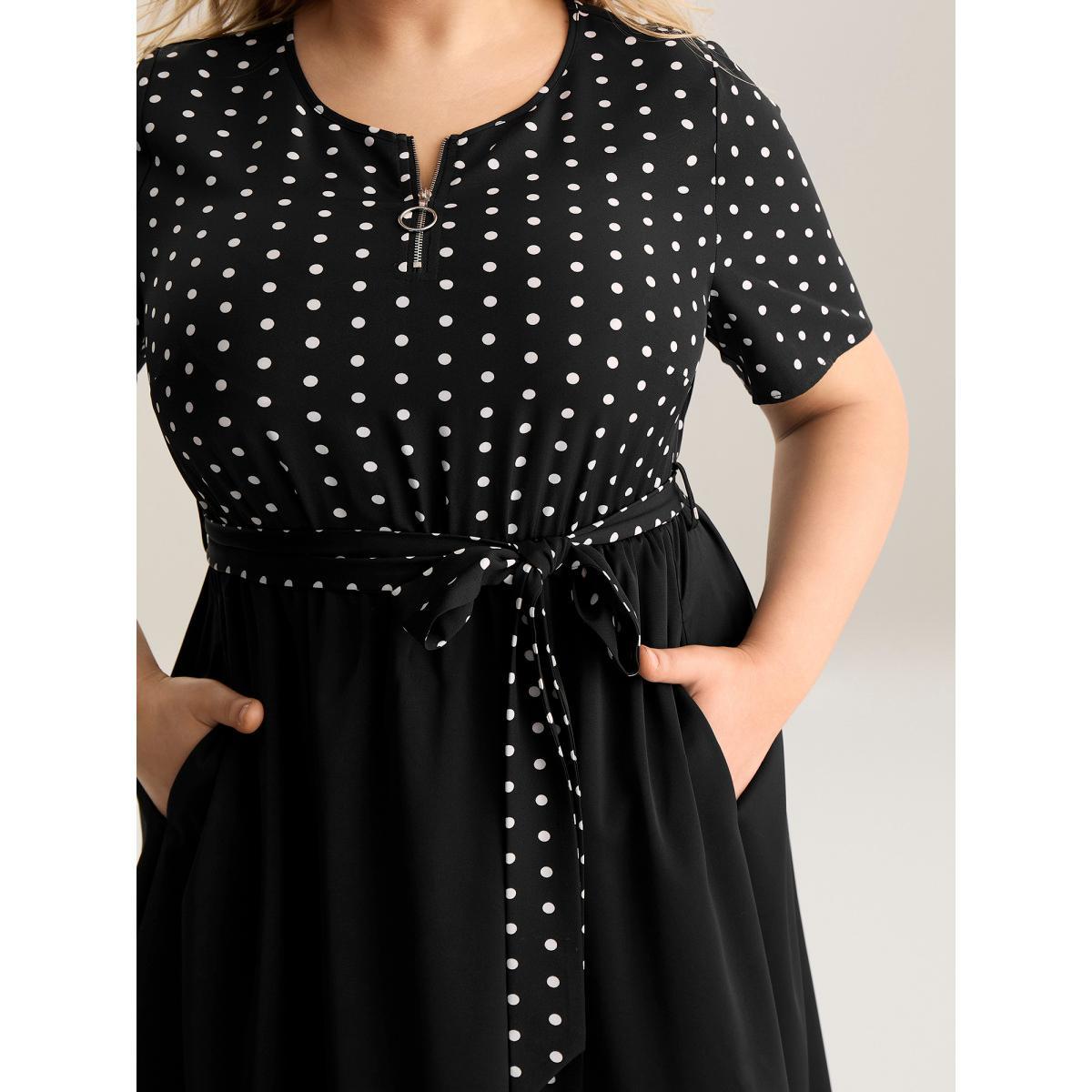 Plus Size Polka Dot Print Half Zipper Midi Dress BlackFlower Women Round Neck Short sleeve Curvy BloomChic 30/6X Product Image