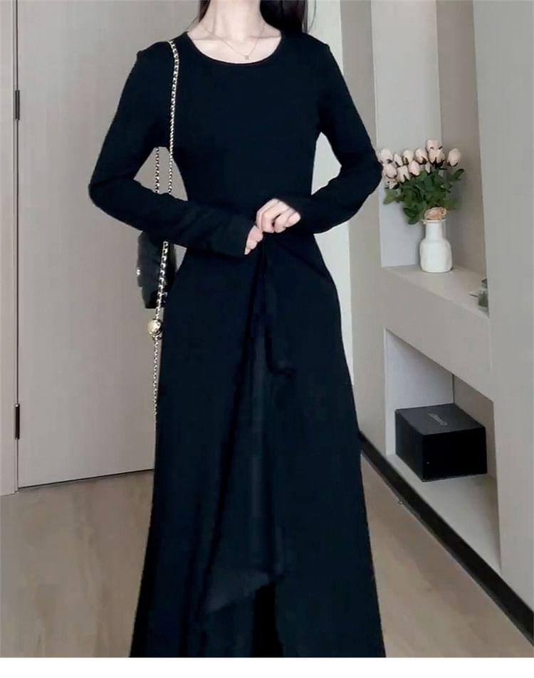 Long Sleeve Crew Neck Plain Slit Ruffle Hem A-Line Midi Dress Product Image