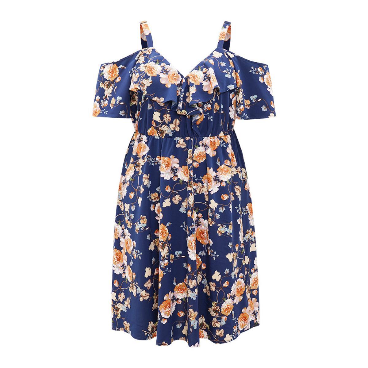 Plus Size Floral Print Ruffle Trim Elastic Waist Cold Shoulder Dress Indigo Women Elegant Adjustable Straps V-neck Short sleeve Curvy Midi Dress BloomChic 10/M Product Image
