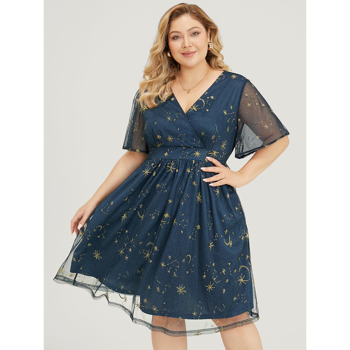 Plus Size Star & Moon Embroidered Mesh Ruffle Sleeve Pocket Wrap Dress Navy Women Party Lined V-neck Short sleeve Curvy Midi Dress BloomChic 14-16/1X Product Image