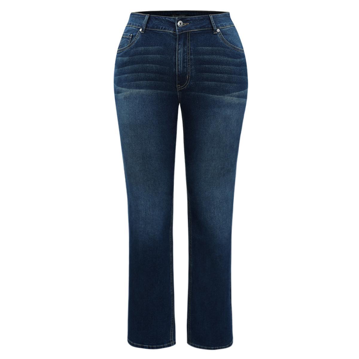 Plus Size Dark Wash Button Up Straight Leg Jeans Women DarkBlue Casual Plain Plain High stretch Pocket Jeans BloomChic 24/3X Product Image