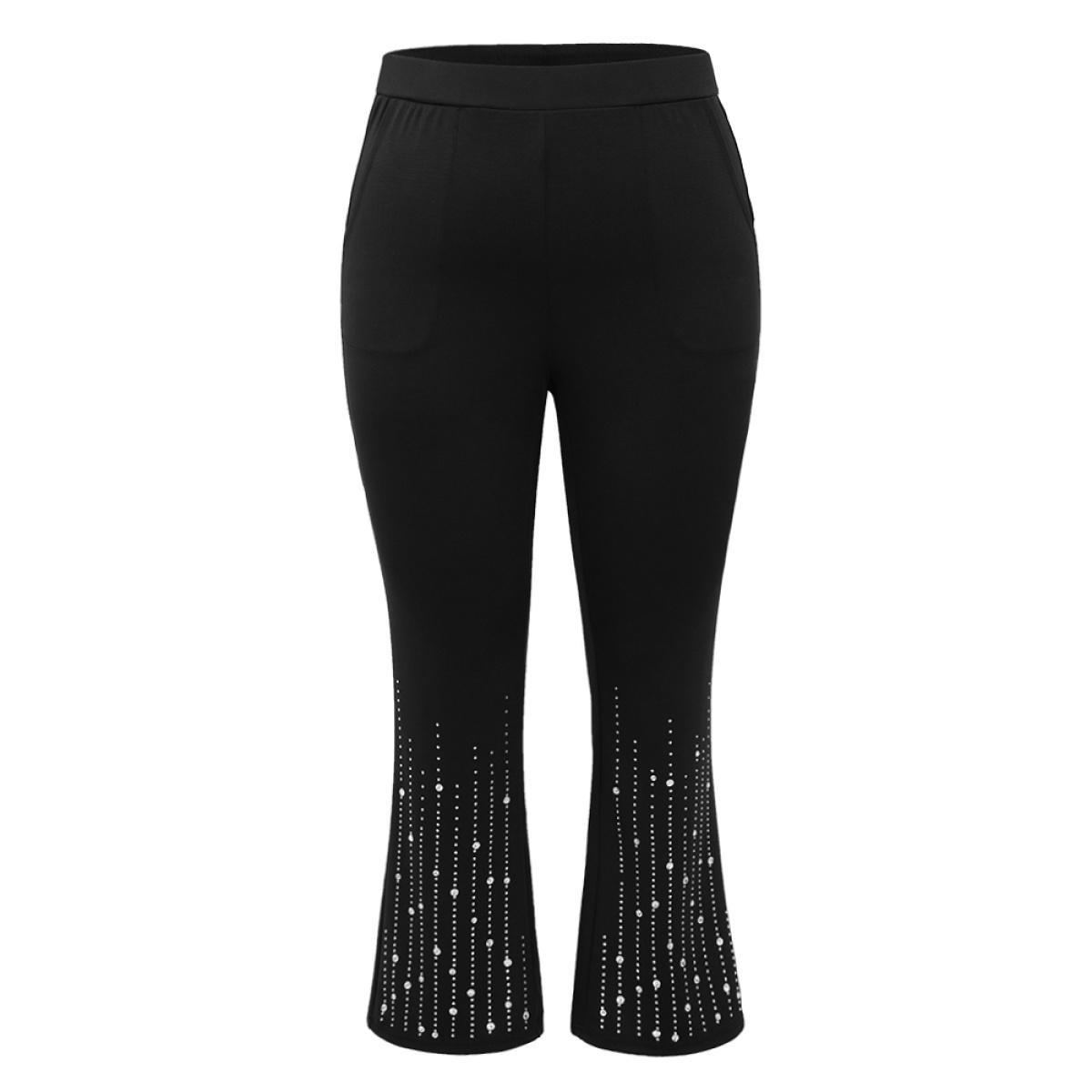 Plus Size Rhinestone Elastic Waist Bootcut Pants Women Black Cocktail Bootcut High Rise Party Pants BloomChic 12/L Product Image