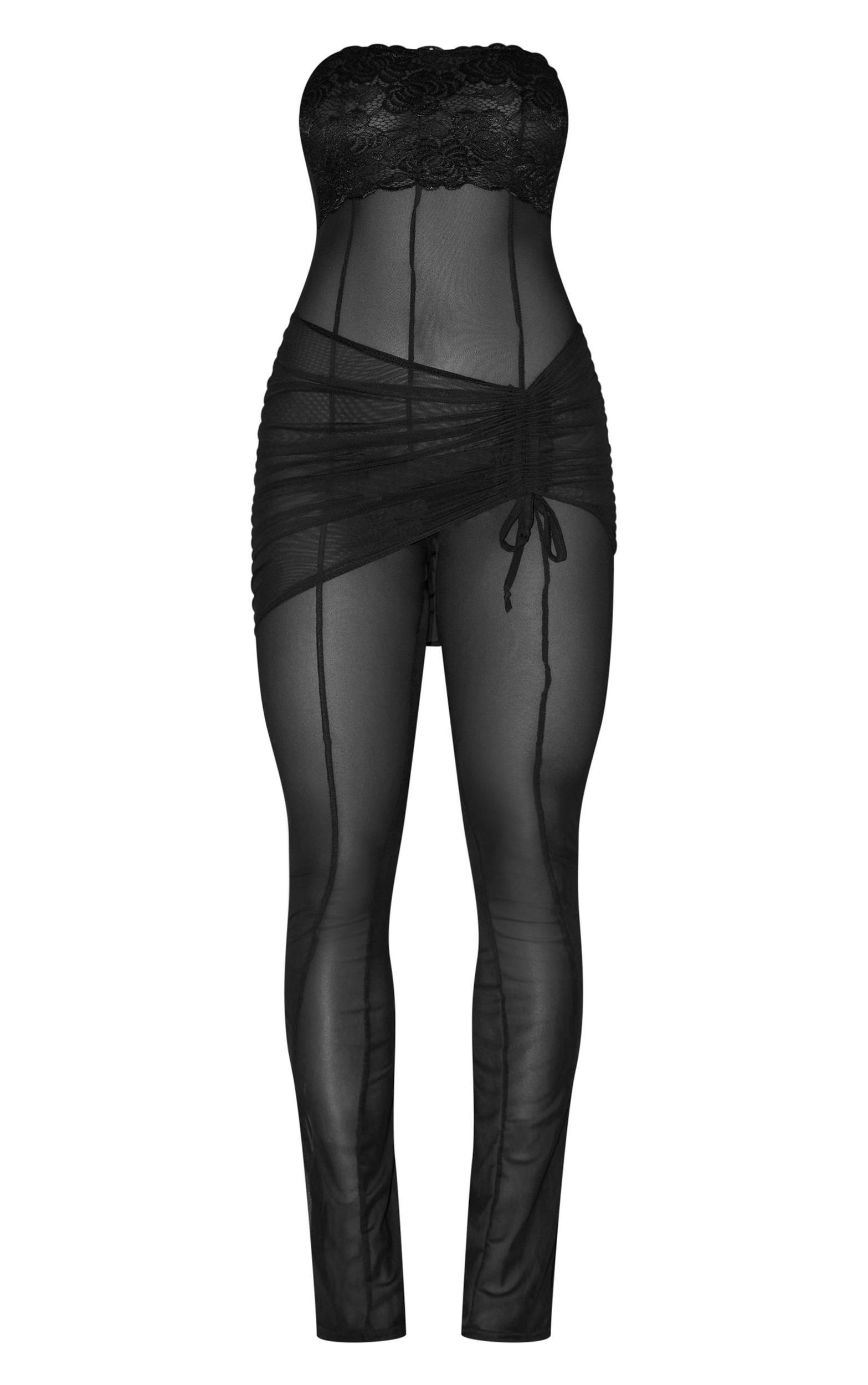 Black Sheer Mesh Wrap Lace Detail Jumpsuit Product Image