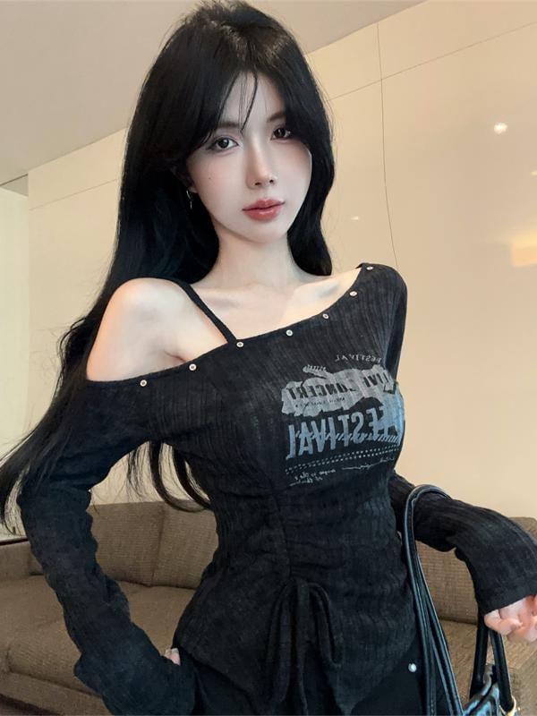 Long-Sleeve Cold Shoulder Lettering Print Asymmetrical Drawstring Slit Top Product Image