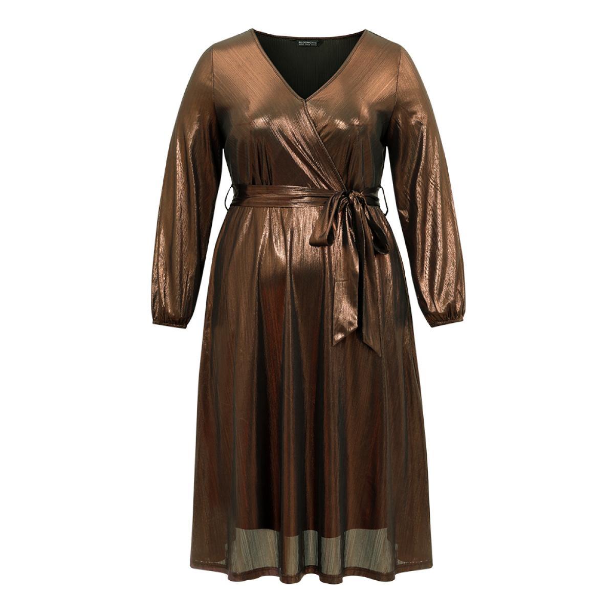 Plus Size Metallic Belted Wrap Lantern Sleeve Dress Bronze Women Cocktail Elastic cuffs Overlap Collar Long Sleeve Curvy Midi Dress BloomChic 10/M Product Image