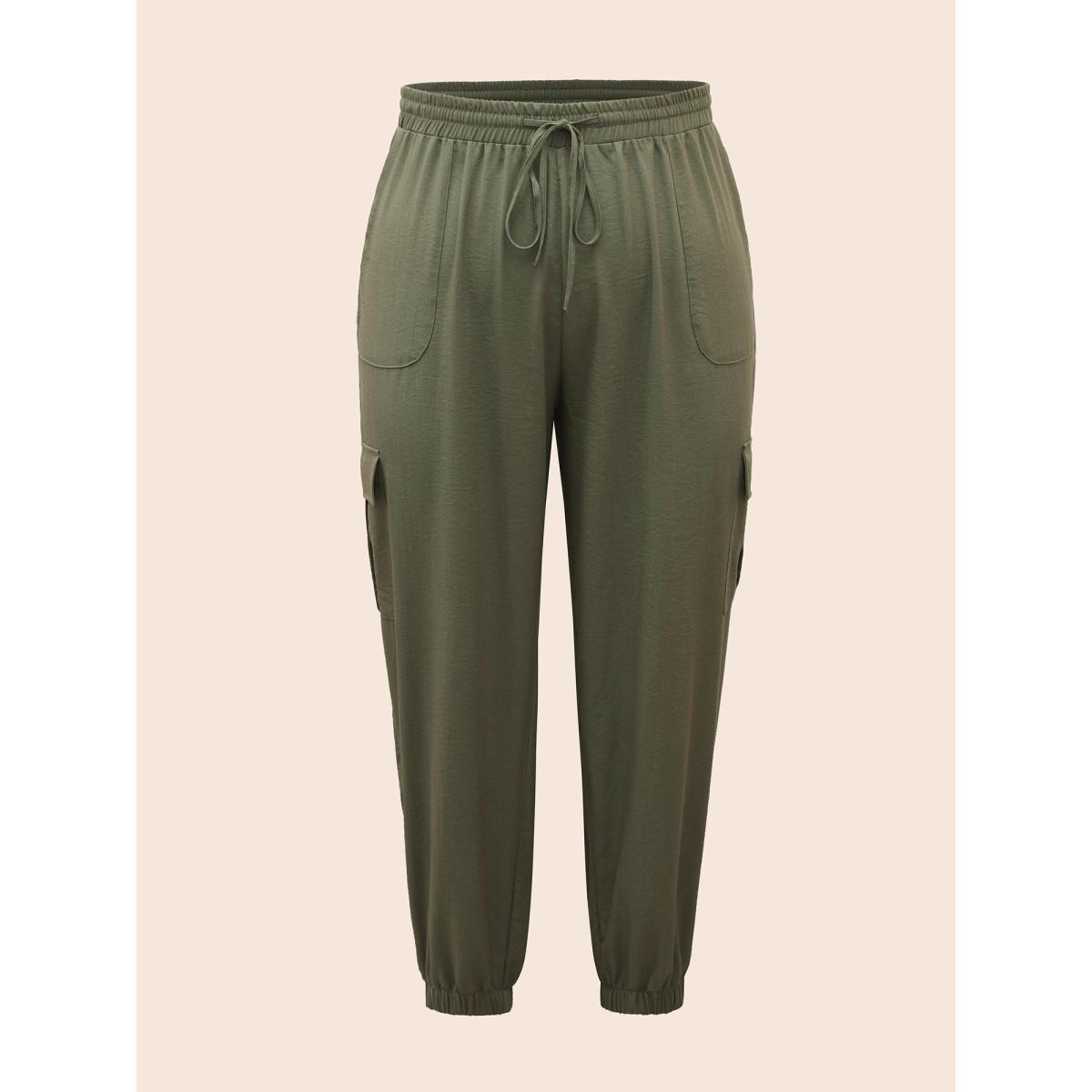 Plus Size Mid Rise Patched Pocket Drawstring Pants Women ArmyGreen Casual Mid Rise Everyday Pants BloomChic 18-20/2X Product Image