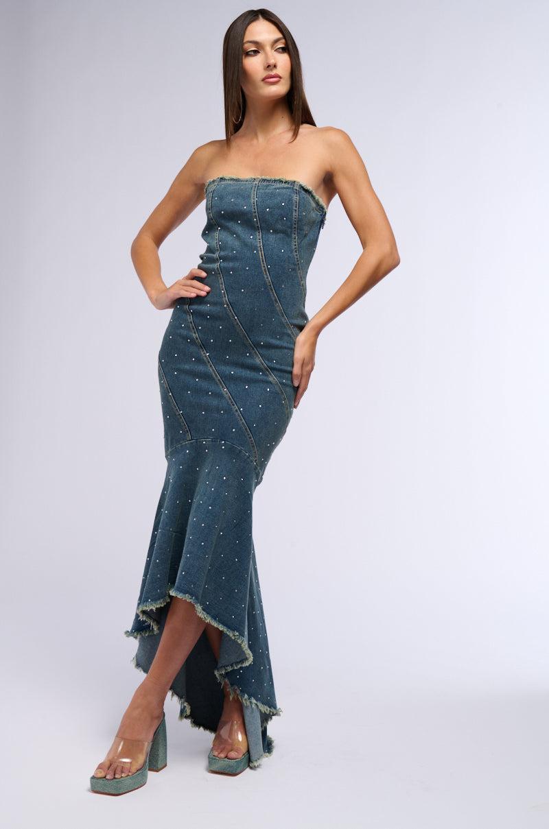 MY OWN MUSE HIGH LOW RHINESTONE DENIM MIDI DRESS Product Image