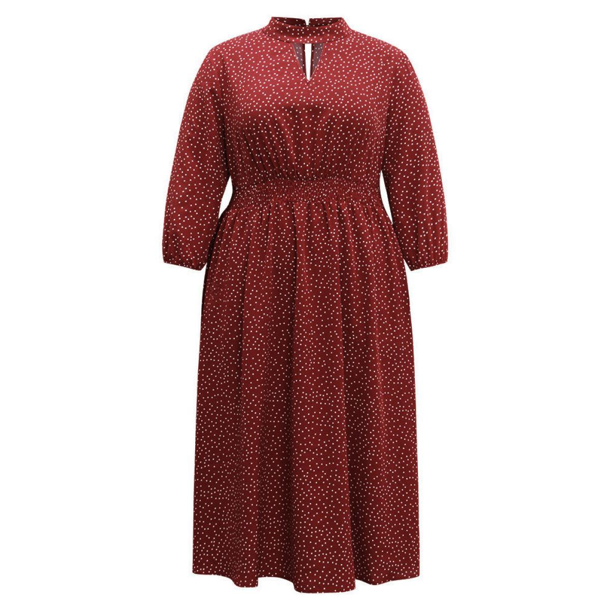 Plus Size Polka Dot Keyhole Pocket Mock Neck Dress Scarlet Women Elegant Elastic cuffs Mock Neck Elbow-length sleeve Curvy Midi Dress BloomChic 14-16/1X Product Image