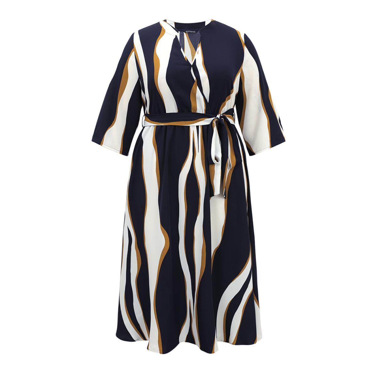 Plus Size Water Ripple Belted Overlap Collar Pocket Dress Indigo Women Office Wrap Overlap Collar Elbow-length sleeve Curvy Midi Dress BloomChic 14-16/1X Product Image